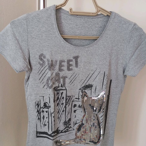 T-shirt "Sweet Cat" with sequins, grey melange