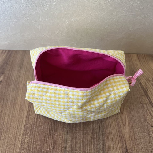 Handmade medium box pouch, pink and yellow