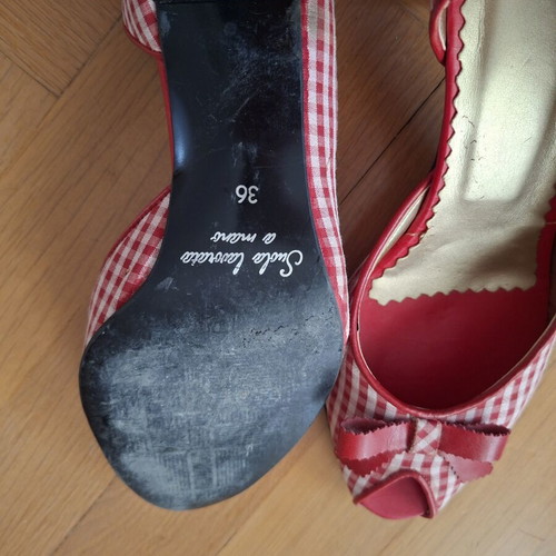 Vintage red and white check peep-toe heels, size 36