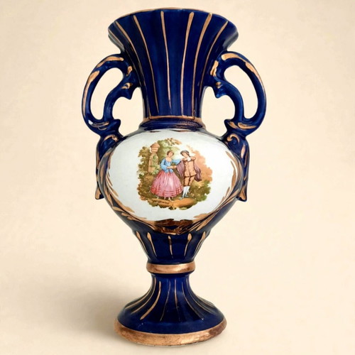 Vintage amphora vase made in Italy, cobalt blue with gold and Fragonard scene