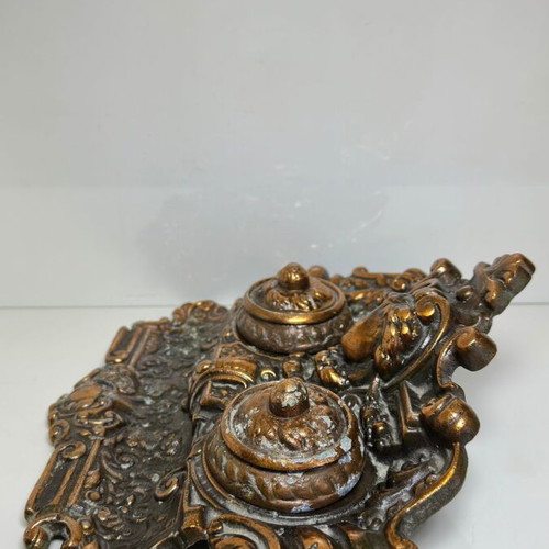 Victorian Baroque style double inkwell, brass with copper plating