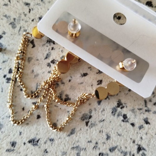 Dangling earrings with double chains and decorative stones, stainless steel, new