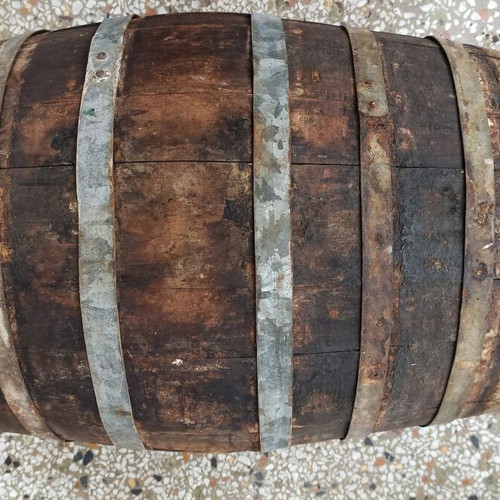 Old oak barrel used with cork stopper and plastic spigot