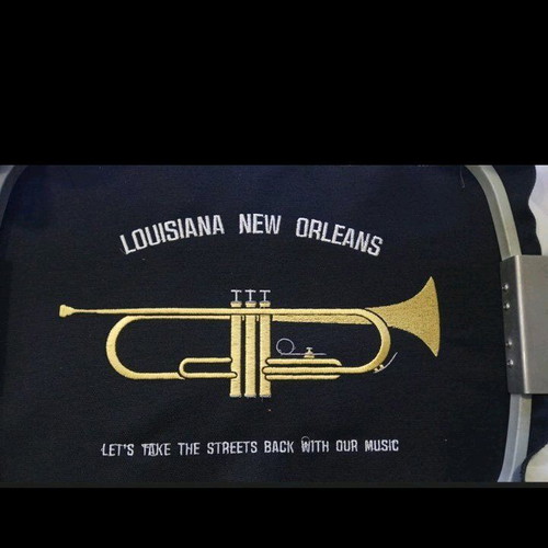 T-shirt with Vector Trumpet Design and Text new, blue and gold, size M