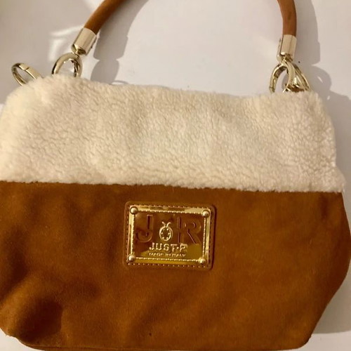 Justor leather shoulder bag like new, brown with fur trim