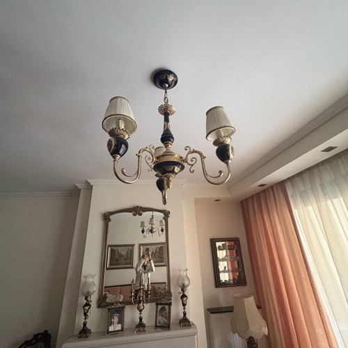 Limoges style chandelier with 3 lights, porcelain and brass