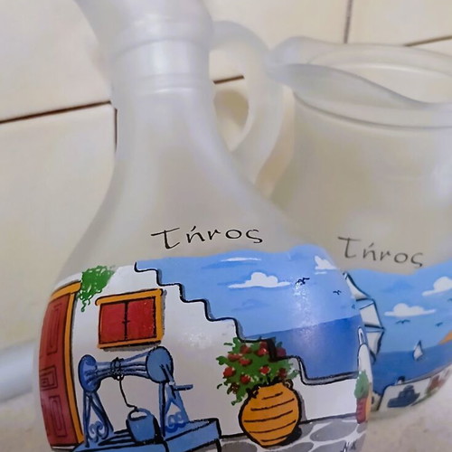 Glass souvenir pitchers from Tinos, like new, set of two 250ml