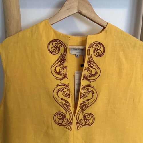 Achivada Sleeveless Embroidered Linen Caftan Yellow Zeus new