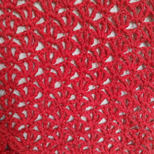 Red merino and silk crochet shawl with sequins