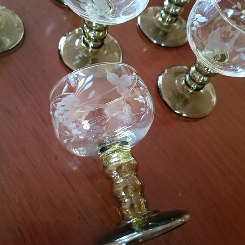 Roemer Wine Glasses vintage, engraved, olive stem, set of 6