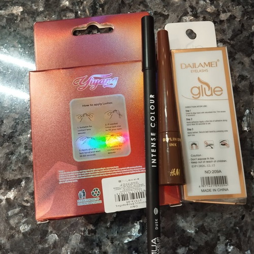 Eye Makeup Set like new with eyelashes, glue, brown pencil Mua, dip liner H&M