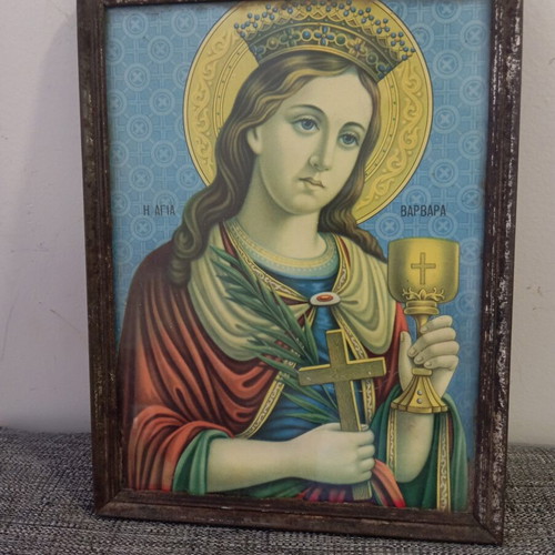 Vintage lithograph in metal frame with glass used