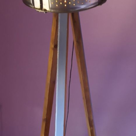 Floor lamp upcycled art with foot switch and adjustable suspension