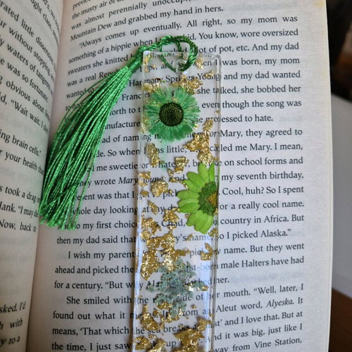 Handmade bookmark with green dried flowers in resin