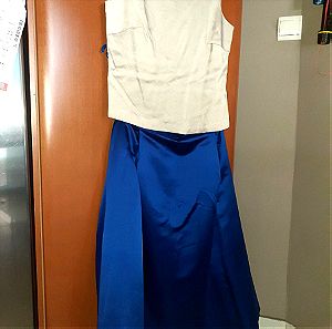 Σετ από ολομεταξο τοπ με άνοιγμα στην πλάτη και φούστα μπλε ρουα με πιέτες για 1.65 ύψος και 70 κιλα περίπου