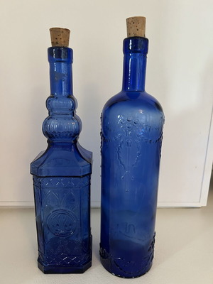 Blue glass bottles set of 2 like new, height 32 cm