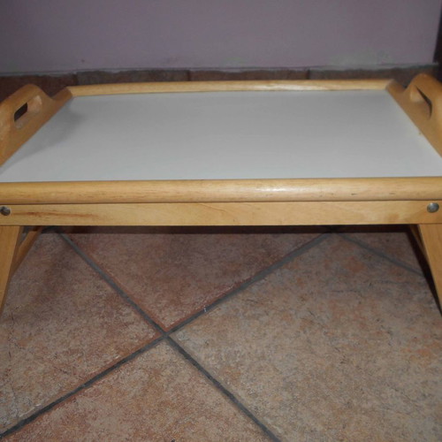 Wooden breakfast tray with handles and folding legs used