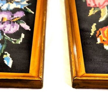 Handmade embroidered floral framed set of 2 with black background
