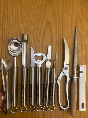 Stainless kitchen tools used, all together
