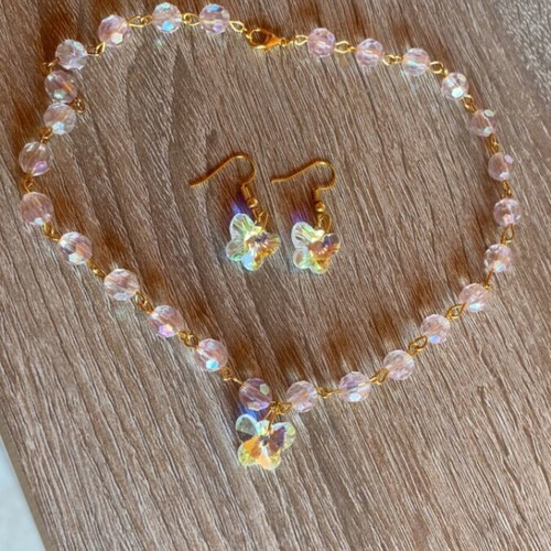 Choker necklace and earrings set handmade, pink and gold butterflies