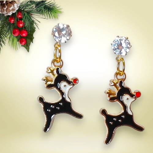 Handmade reindeer enamel earrings with zircon, new