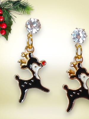 Handmade reindeer enamel earrings with zircon, new