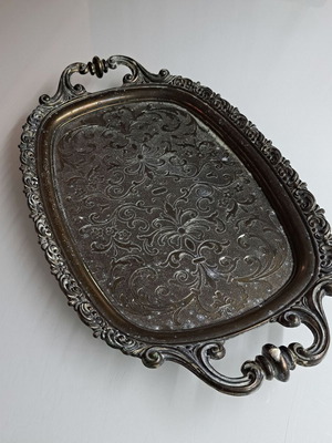 Vintage tray used, solid cast metal, hammered design