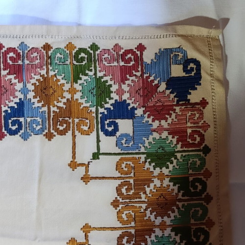 Handmade table runner used, traditional colorful geometric embroidery