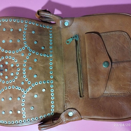 Collectible leather crossbody bag like new, brown with metal coins
