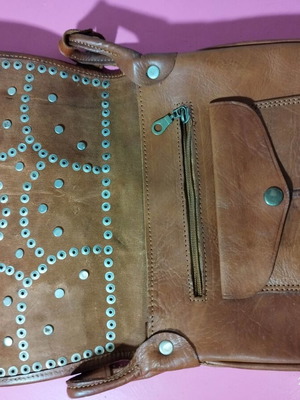 Collectible leather crossbody bag like new, brown with metal coins