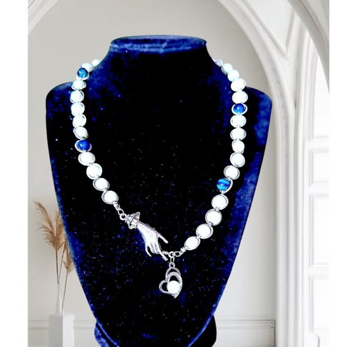 Handmade necklace with white pearls, blue tiger eye and metal elements new
