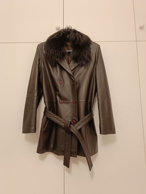 Leather jacket used, medium, brown with detachable fur collar