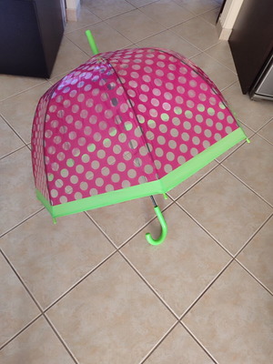 Automatic polka dot rain umbrella with cane handle, like new, transparent pink green