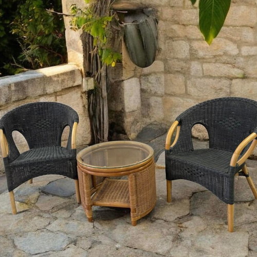 Set of 2 bamboo armchairs with glass coffee table new