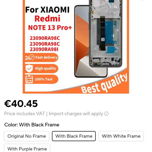 Xiaomi Redmi Note 13 Pro Plus 5G Screen Replacement New, Supports Fingerprint