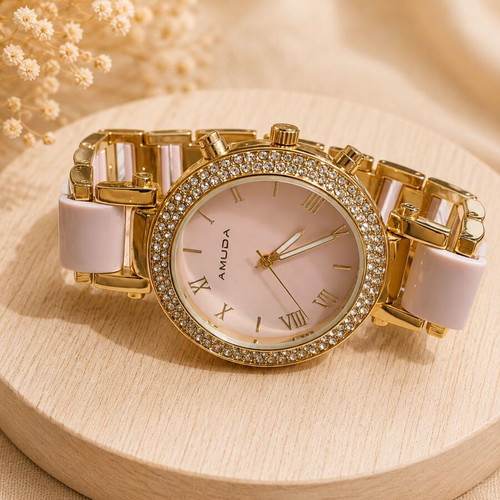 Amuda women's watch rose gold with pink details and rhinestones like new
