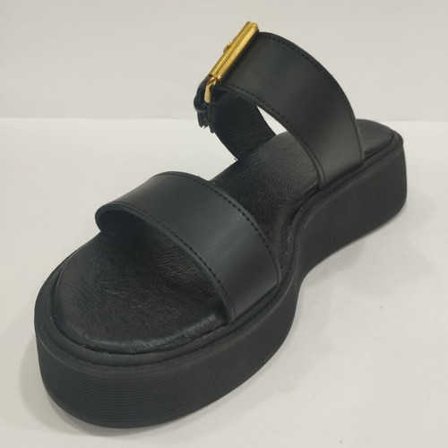 Black leather platform sandal with gold buckle, size 38