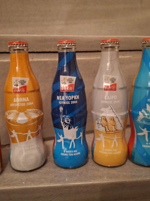 Glass Olympic Torch Relay Bottles Athens 2004 like new, set of 5
