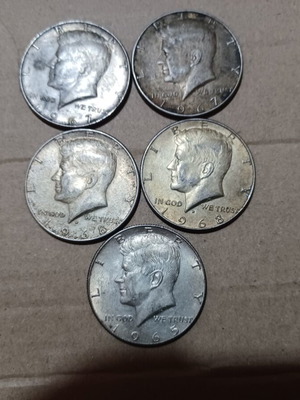 Kennedy Half Dollar coins used, 5 pieces 1965–1968, 40% silver