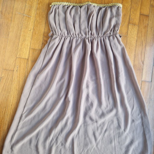 Khaki strapless dress Small with gold trim, ancient Greek style