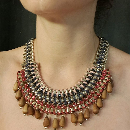 Boho necklace made of steel with leather and wood like new, multicolor