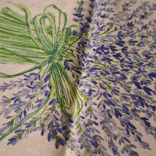 Cotton tablecloth ecru with lavender design and round hem 1.70x1.75