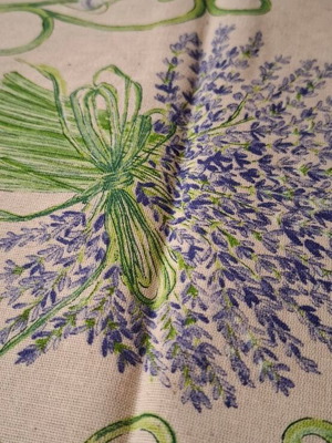 Cotton tablecloth ecru with lavender design and round hem 1.70x1.75