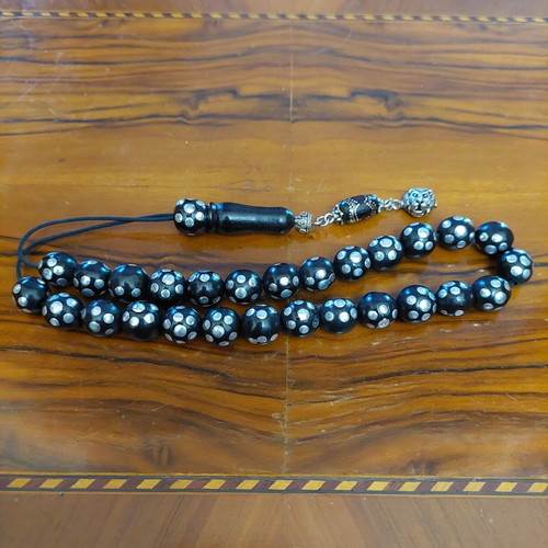 Komboloi with 27 ebony beads and silver metal inlays new