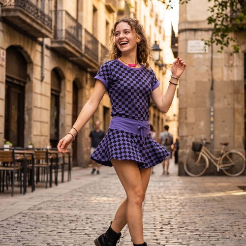 T-shirt and skirt set with checkerboard pattern purple and black new