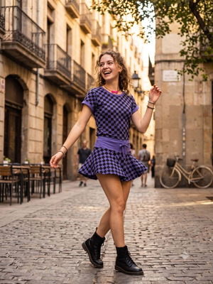 T-shirt and skirt set with checkerboard pattern purple and black new