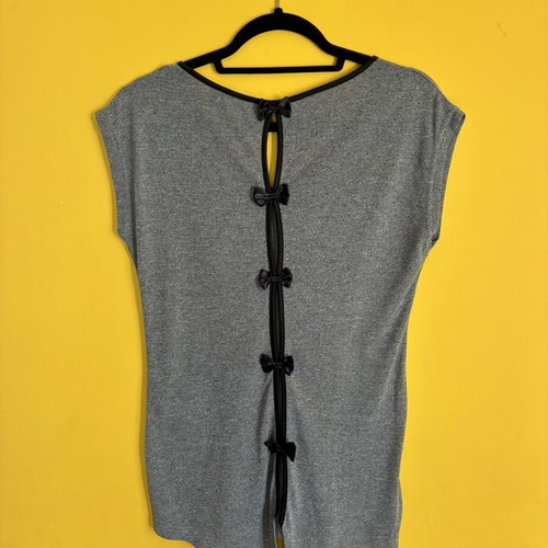 Coquette Open Back Bow Tee Heather Grey with Satin Detail, L