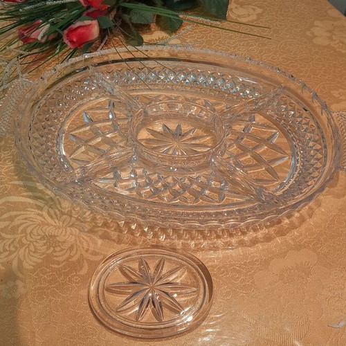 Oval crystal dish with compartments and lid for nuts and chocolates, new