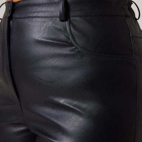 Black faux leather pants with button and elastic waist, size 3
