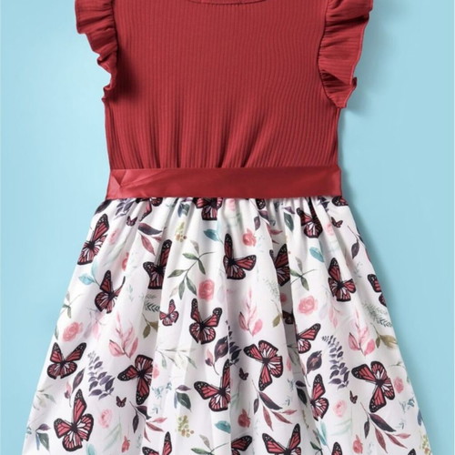 Dress burgundy ribbed top with butterfly print skirt new for 3-4 years